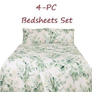 Printed Bed Sheets Set 4-pc Green Floral Full Queen King size